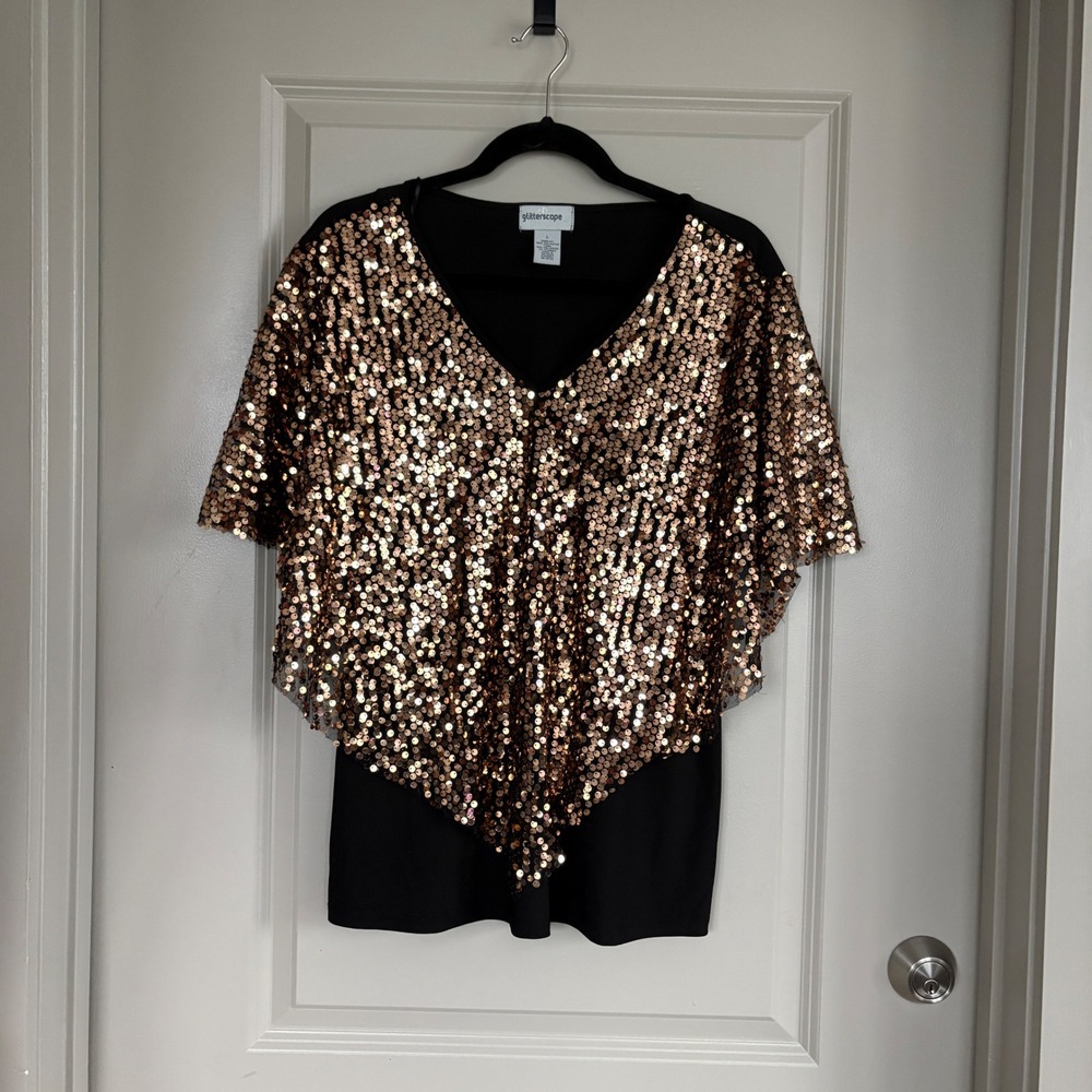 Glitterscape Sequin Poncho Overlay Top Rose Gold Black Large